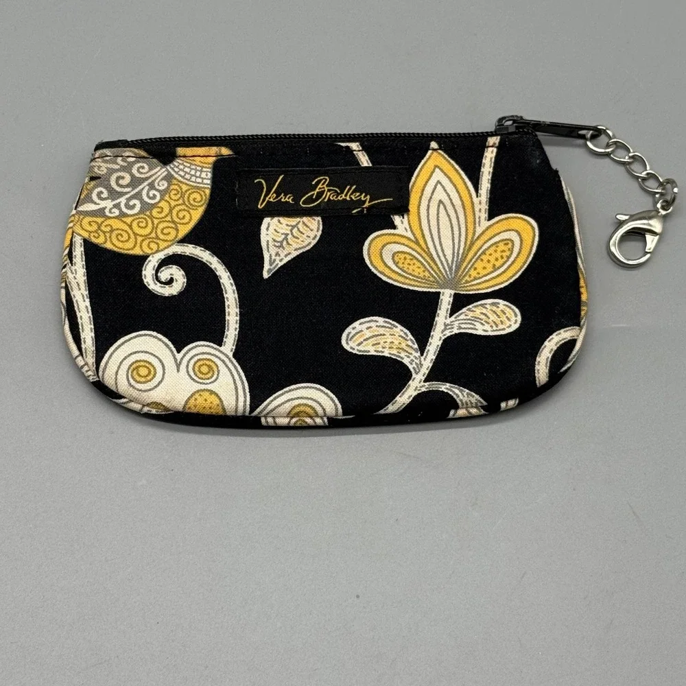 Vera Bradley Night and Day ID Case Keychain Wallet Black Yellow‎ Floral Pouch